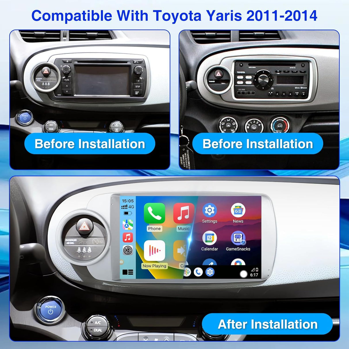 Android Car Stereo for Toyota Yaris 2012-2017 with Wireless CarPlay, Android Auto, Mirror Link