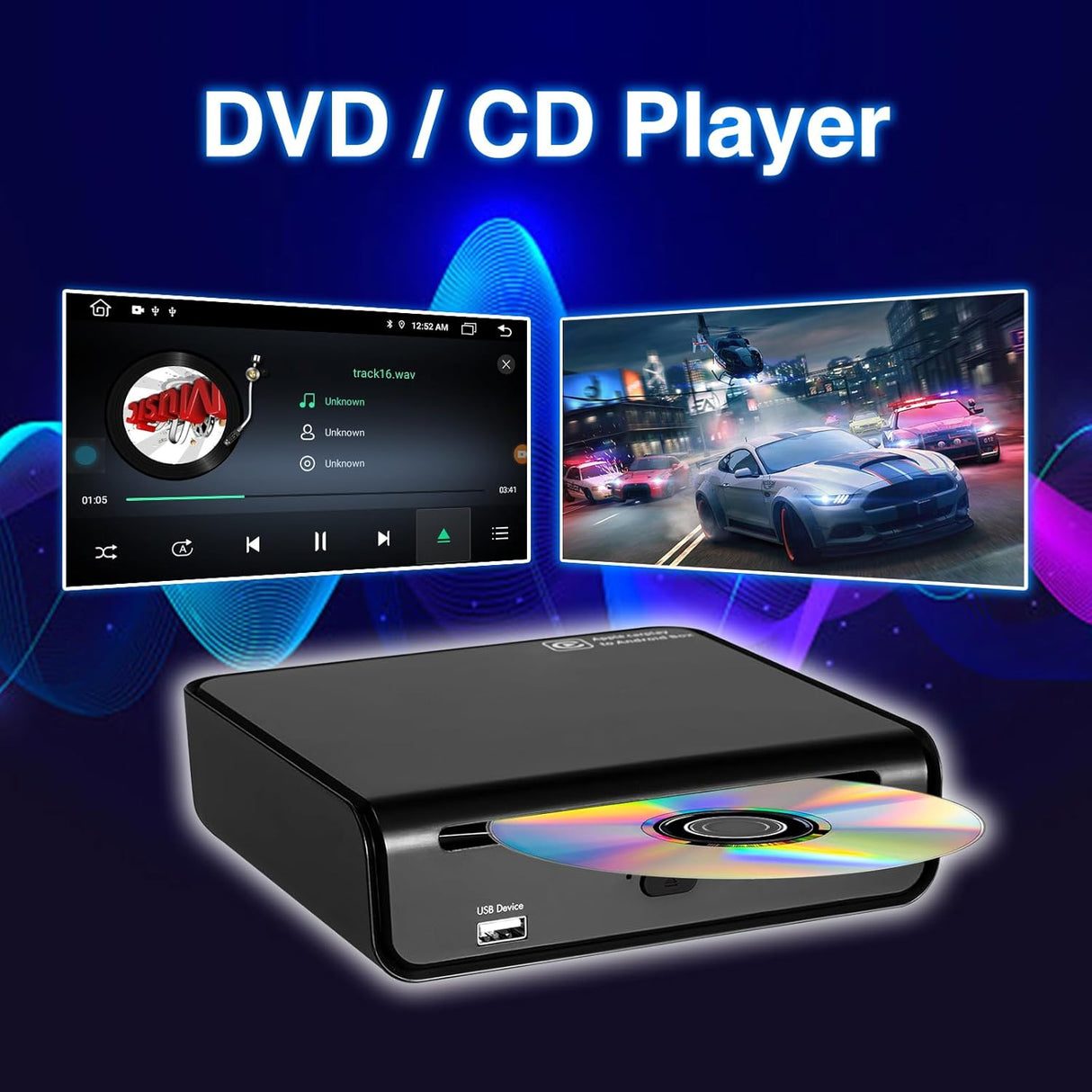 Android 13 USB CarPlay CD Player for Car with Wired CarPlay